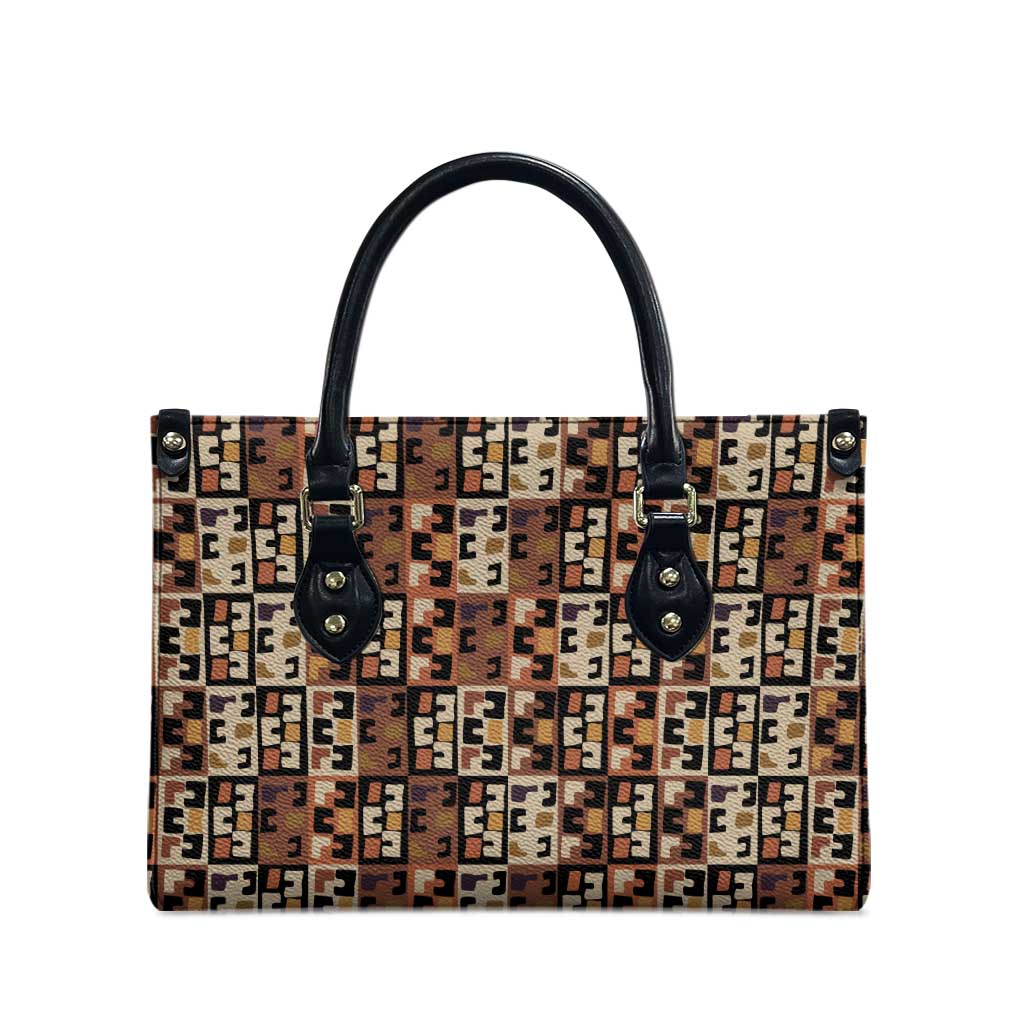 Kuba Flow Leather Bag with Geometric Tribal Blocks and Earth-Tone Mosaic Design - Wonder Print Shop