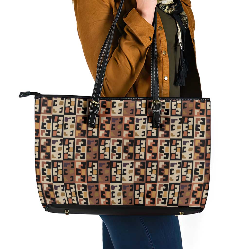 Kuba Flow Leather Tote Bag with Geometric Tribal Blocks and Earth-Tone Mosaic Design - Wonder Print Shop