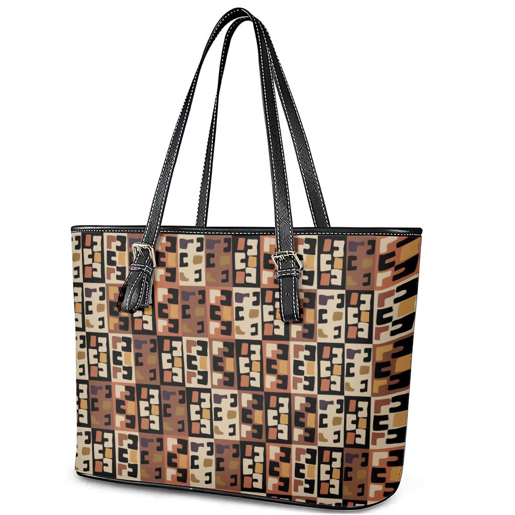 Kuba Flow Leather Tote Bag with Geometric Tribal Blocks and Earth-Tone Mosaic Design - Wonder Print Shop