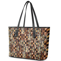 Kuba Flow Leather Tote Bag with Geometric Tribal Blocks and Earth-Tone Mosaic Design - Wonder Print Shop