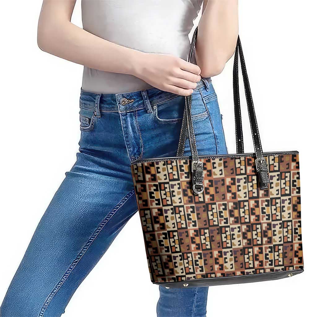 Kuba Flow Leather Tote Bag with Geometric Tribal Blocks and Earth-Tone Mosaic Design - Wonder Print Shop