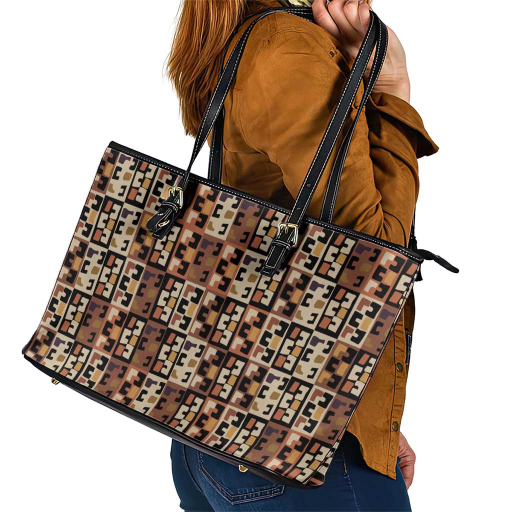 Kuba Flow Leather Tote Bag with Geometric Tribal Blocks and Earth-Tone Mosaic Design - Wonder Print Shop