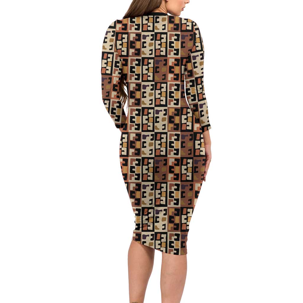 Kuba Flow Long Sleeve Bodycon Dress with Geometric Tribal Blocks and Earth-Tone Mosaic Design - Wonder Print Shop