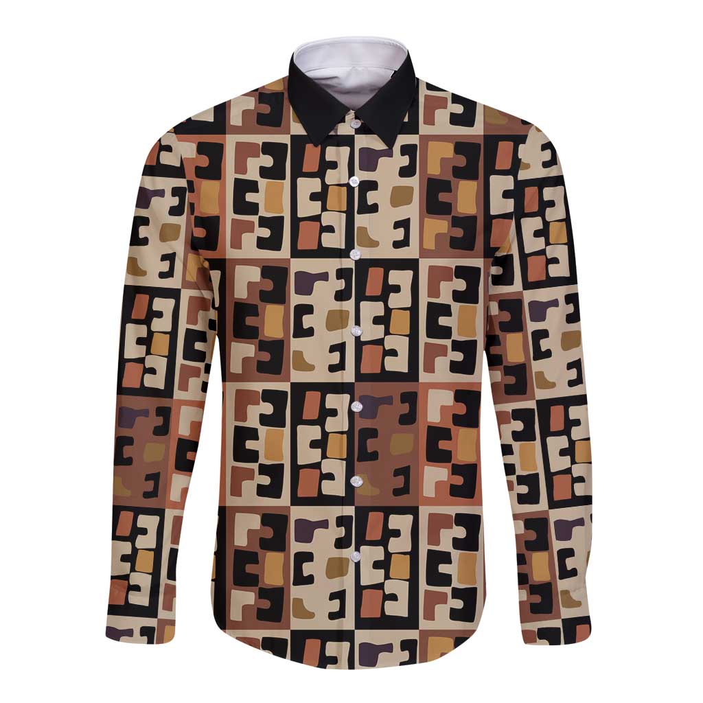 Kuba Flow Long Sleeve Button Shirt with Geometric Tribal Blocks and Earth-Tone Mosaic Design - Wonder Print Shop