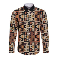 Kuba Flow Long Sleeve Button Shirt with Geometric Tribal Blocks and Earth-Tone Mosaic Design - Wonder Print Shop