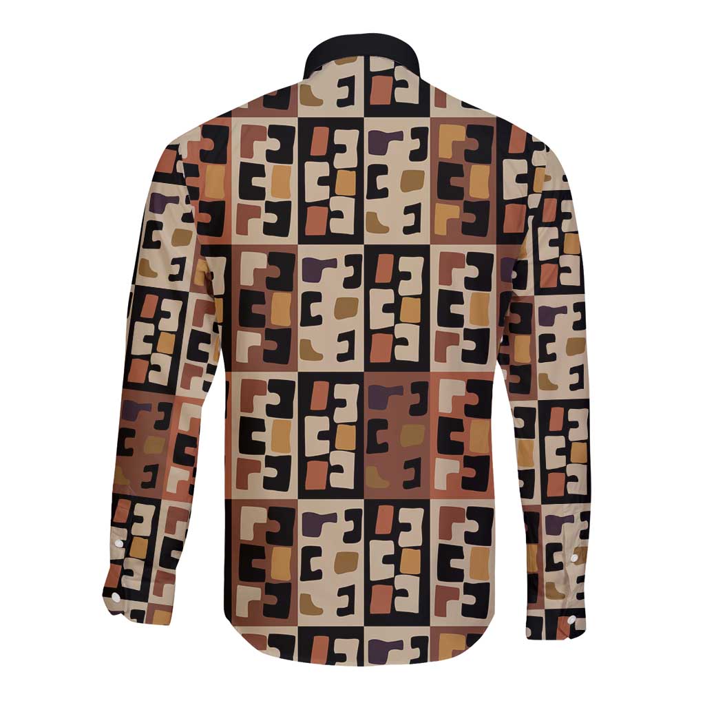 Kuba Flow Long Sleeve Button Shirt with Geometric Tribal Blocks and Earth-Tone Mosaic Design - Wonder Print Shop