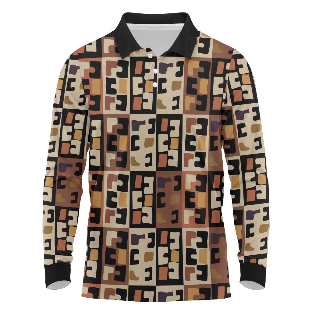 Kuba Flow Long Sleeve Polo Shirt with Geometric Tribal Blocks and Earth-Tone Mosaic Design - Wonder Print Shop