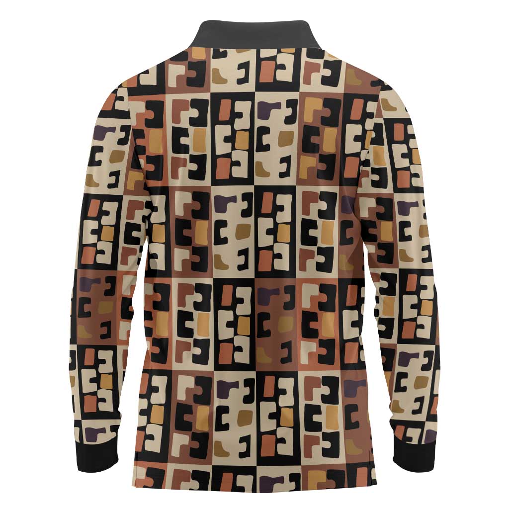 Kuba Flow Long Sleeve Polo Shirt with Geometric Tribal Blocks and Earth-Tone Mosaic Design - Wonder Print Shop