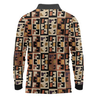 Kuba Flow Long Sleeve Polo Shirt with Geometric Tribal Blocks and Earth-Tone Mosaic Design - Wonder Print Shop