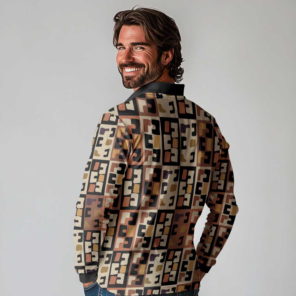 Kuba Flow Long Sleeve Polo Shirt with Geometric Tribal Blocks and Earth-Tone Mosaic Design - Wonder Print Shop