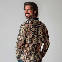 Kuba Flow Long Sleeve Polo Shirt with Geometric Tribal Blocks and Earth-Tone Mosaic Design - Wonder Print Shop