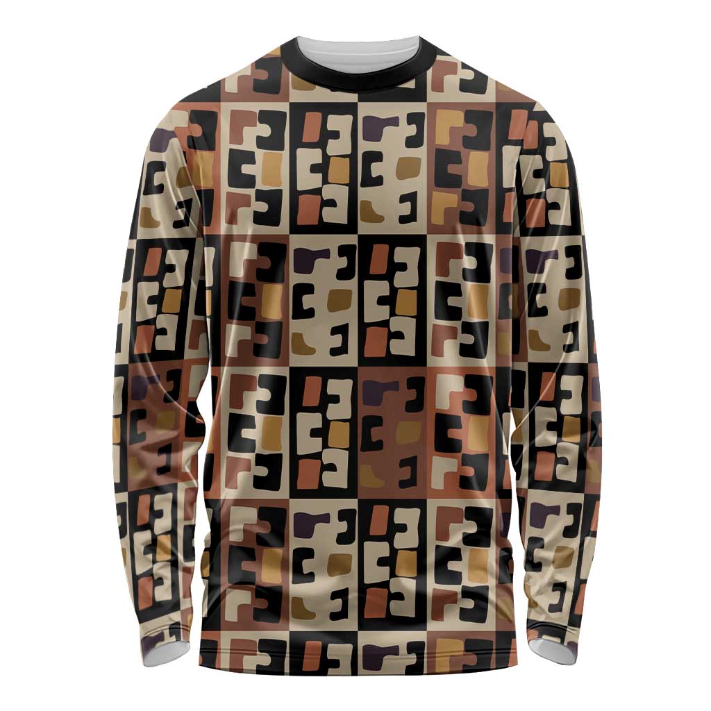 Kuba Flow Long Sleeve Shirt with Geometric Tribal Blocks and Earth-Tone Mosaic Design - Wonder Print Shop
