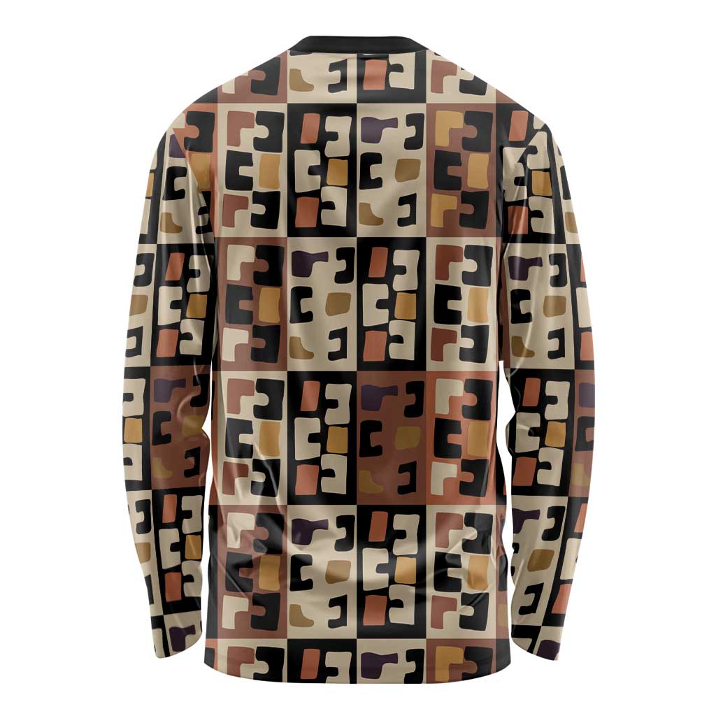 Kuba Flow Long Sleeve Shirt with Geometric Tribal Blocks and Earth-Tone Mosaic Design - Wonder Print Shop