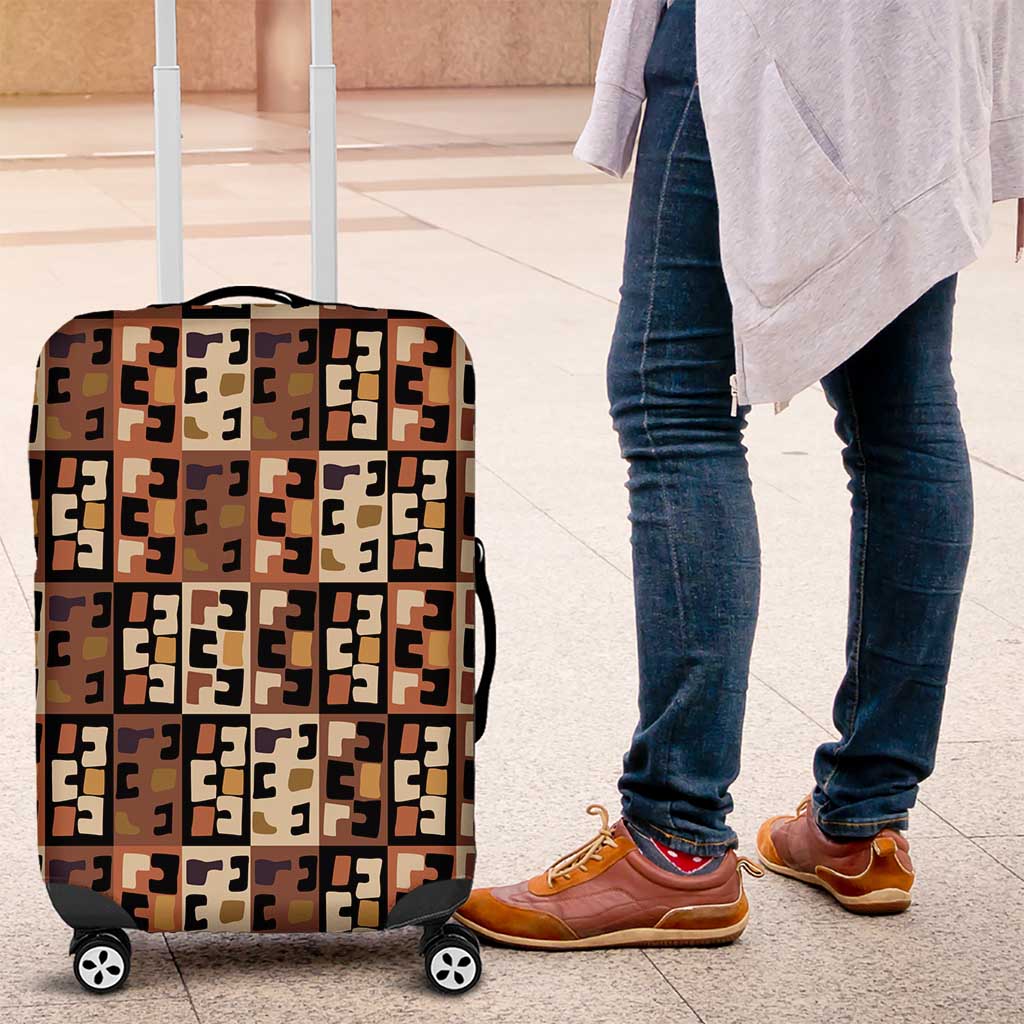 Kuba Flow Luggage Cover with Geometric Tribal Blocks and Earth-Tone Mosaic Design - Wonder Print Shop