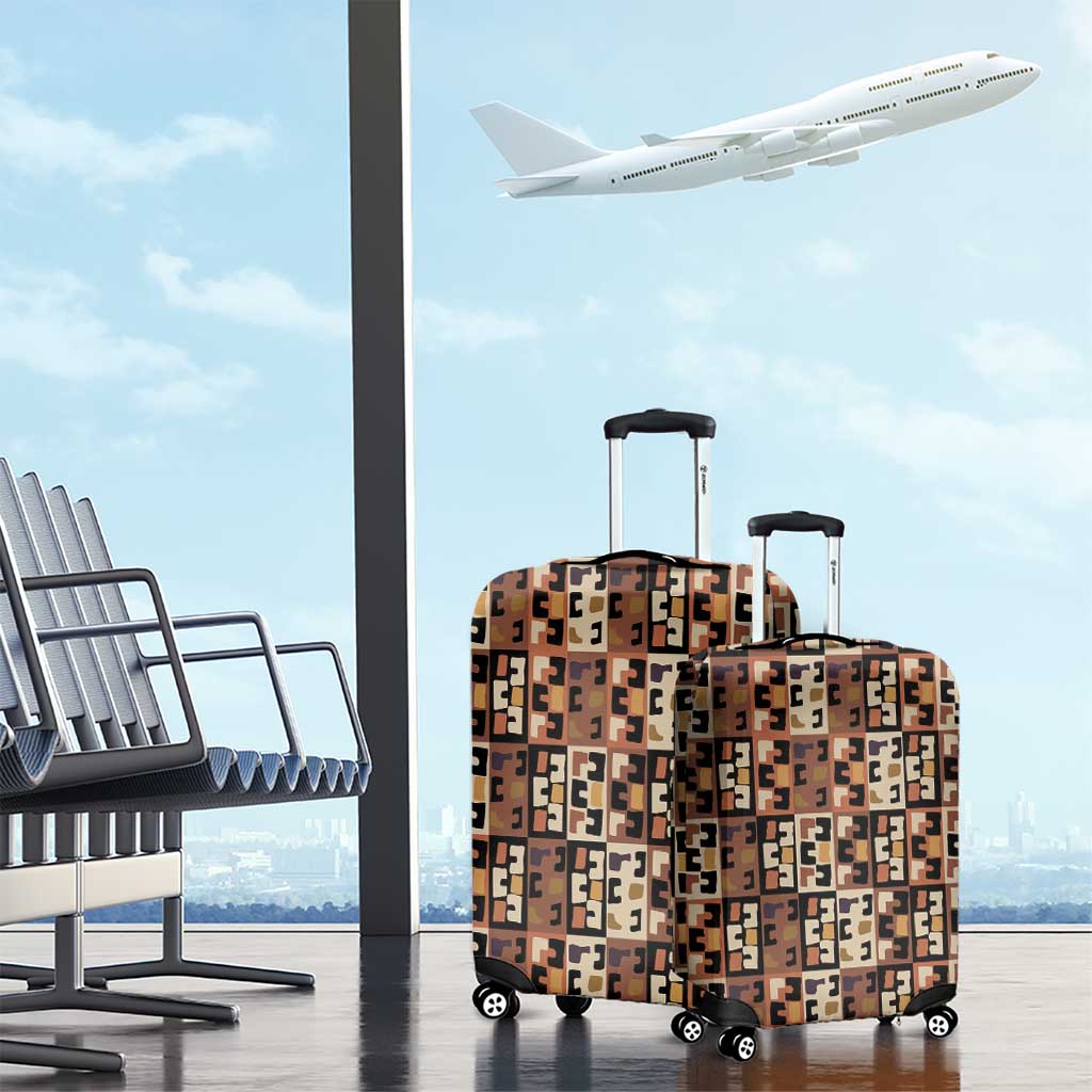 Kuba Flow Luggage Cover with Geometric Tribal Blocks and Earth-Tone Mosaic Design - Wonder Print Shop