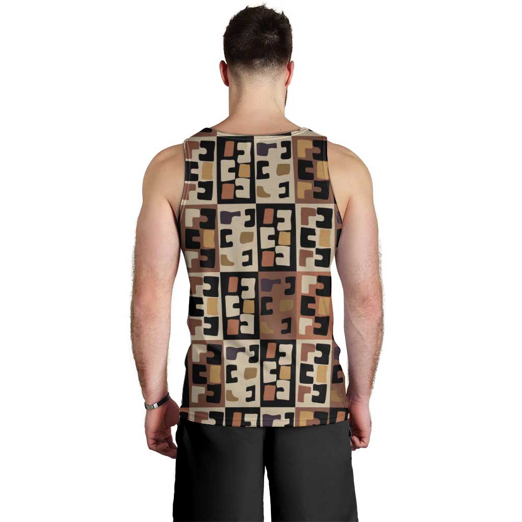 Kuba Flow Men Tank Top with Geometric Tribal Blocks and Earth-Tone Mosaic Design - Wonder Print Shop