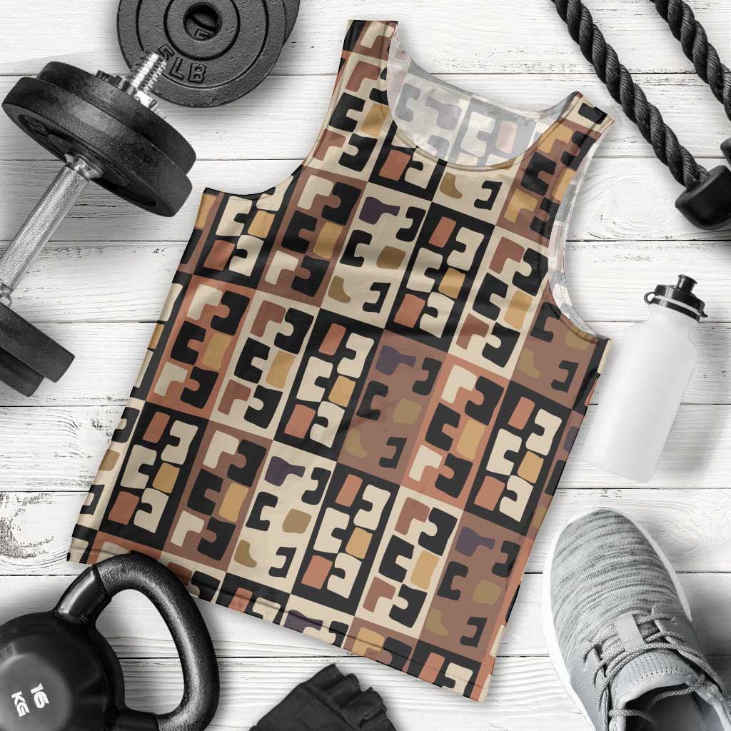 Kuba Flow Men Tank Top with Geometric Tribal Blocks and Earth-Tone Mosaic Design - Wonder Print Shop