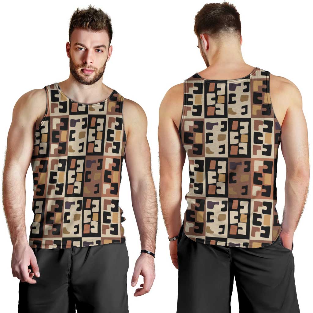 Kuba Flow Men Tank Top with Geometric Tribal Blocks and Earth-Tone Mosaic Design - Wonder Print Shop