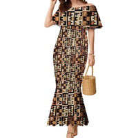 Kuba Flow Mermaid Dress with Geometric Tribal Blocks and Earth-Tone Mosaic Design - Wonder Print Shop