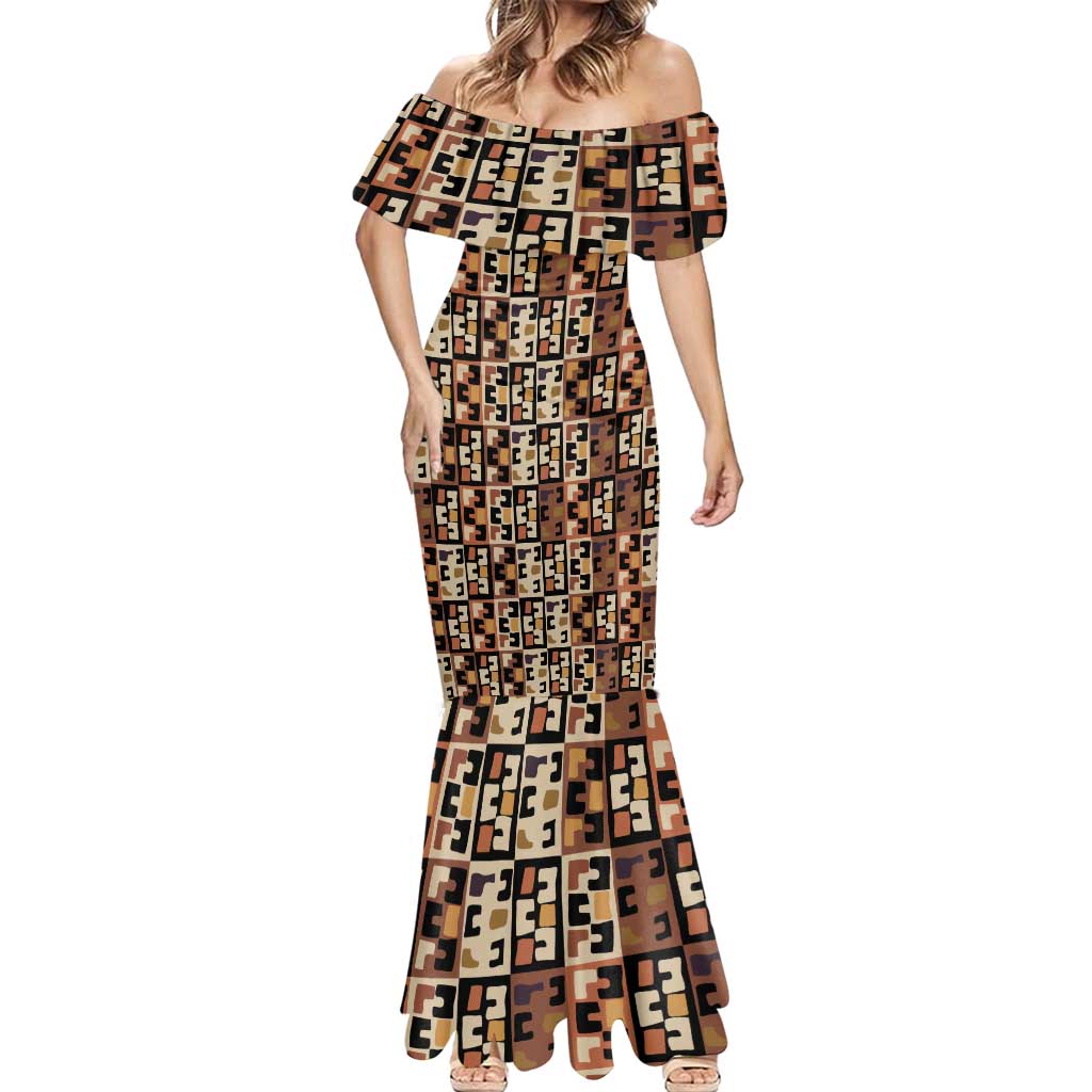 Kuba Flow Mermaid Dress with Geometric Tribal Blocks and Earth-Tone Mosaic Design - Wonder Print Shop