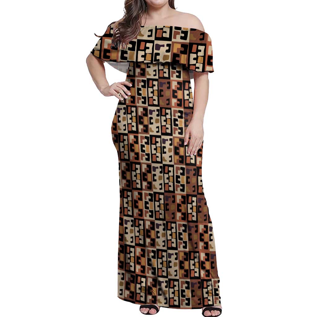 Kuba Flow Off Shoulder Maxi Dress with Geometric Tribal Blocks and Earth-Tone Mosaic Design - Wonder Print Shop