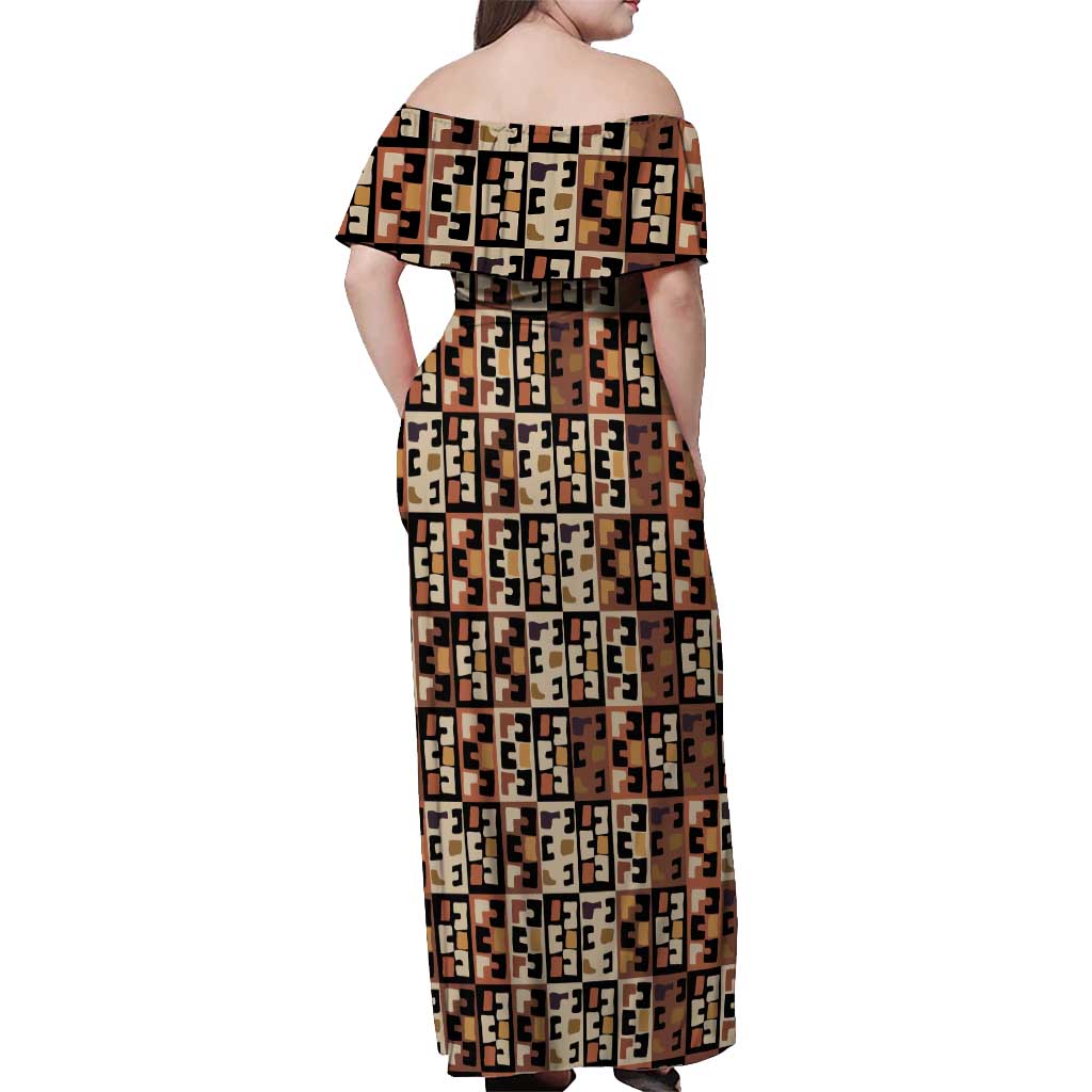 Kuba Flow Off Shoulder Maxi Dress with Geometric Tribal Blocks and Earth-Tone Mosaic Design - Wonder Print Shop