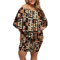Kuba Flow Off Shoulder Short Dress with Geometric Tribal Blocks and Earth-Tone Mosaic Design - Wonder Print Shop