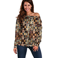 Kuba Flow Off Shoulder Sweater with Geometric Tribal Blocks and Earth-Tone Mosaic Design - Wonder Print Shop