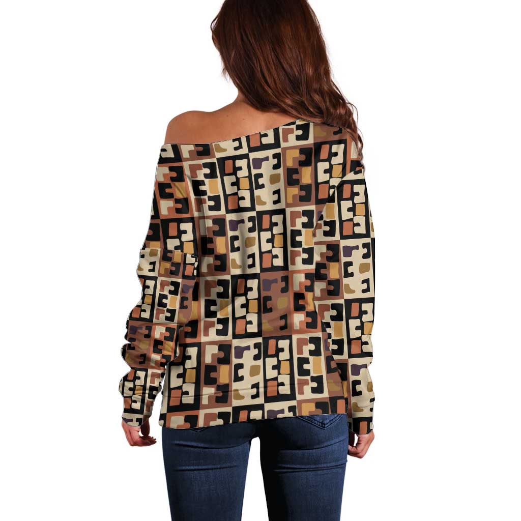 Kuba Flow Off Shoulder Sweater with Geometric Tribal Blocks and Earth-Tone Mosaic Design - Wonder Print Shop