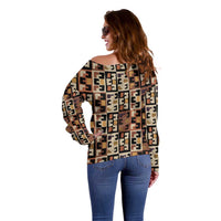 Kuba Flow Off Shoulder Sweater with Geometric Tribal Blocks and Earth-Tone Mosaic Design - Wonder Print Shop