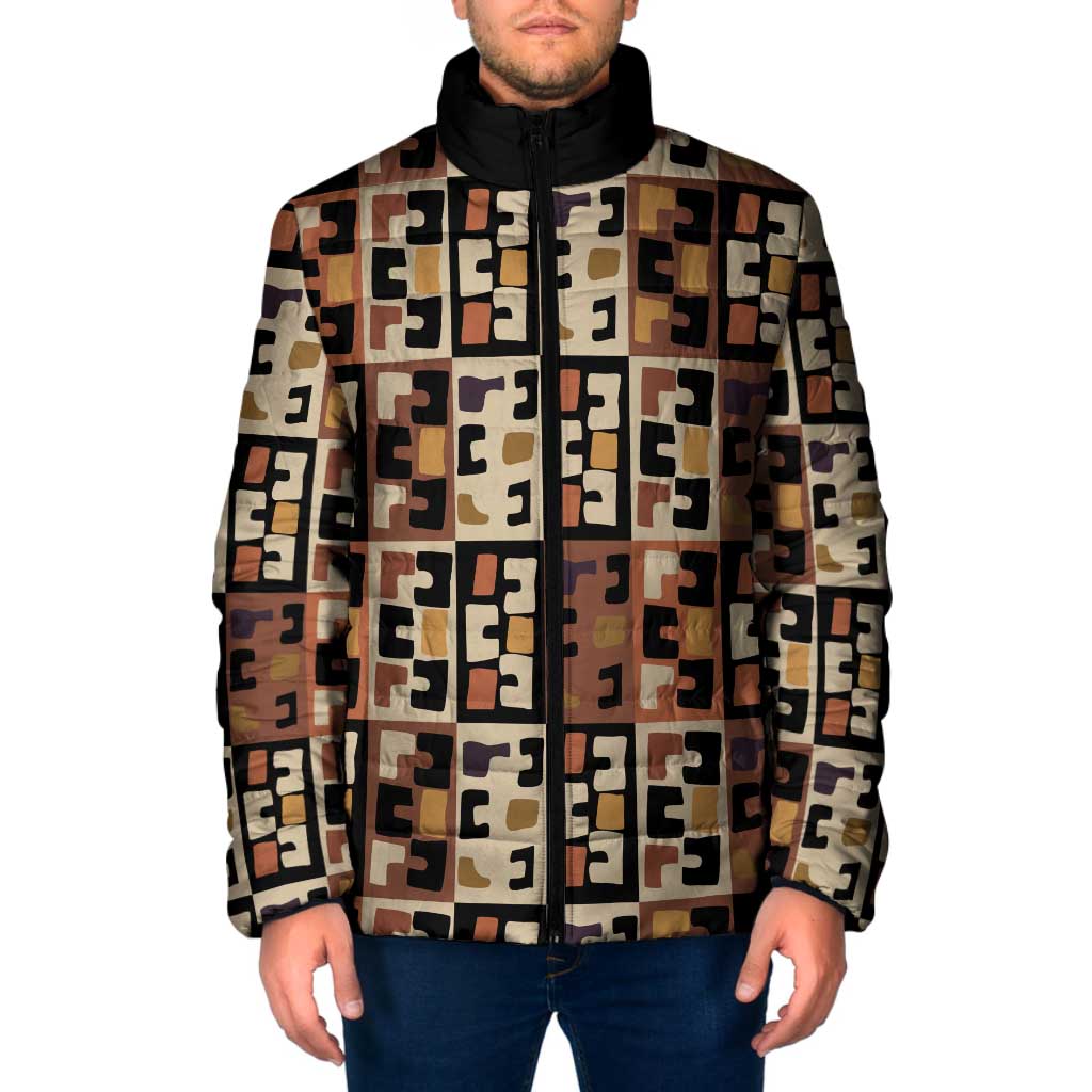 Kuba Flow Padded Jacket with Geometric Tribal Blocks and Earth-Tone Mosaic Design - Wonder Print Shop