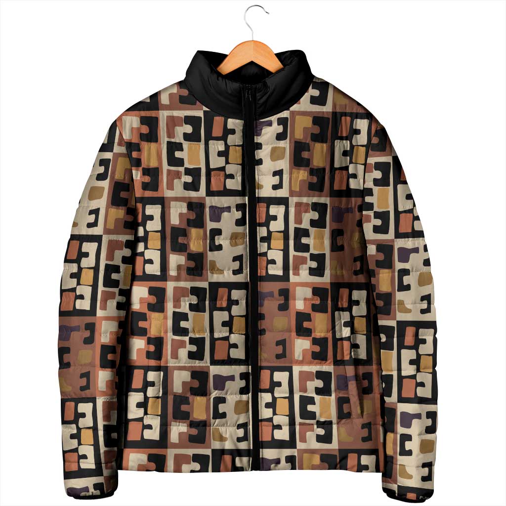 Kuba Flow Padded Jacket with Geometric Tribal Blocks and Earth-Tone Mosaic Design - Wonder Print Shop