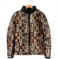 Kuba Flow Padded Jacket with Geometric Tribal Blocks and Earth-Tone Mosaic Design - Wonder Print Shop