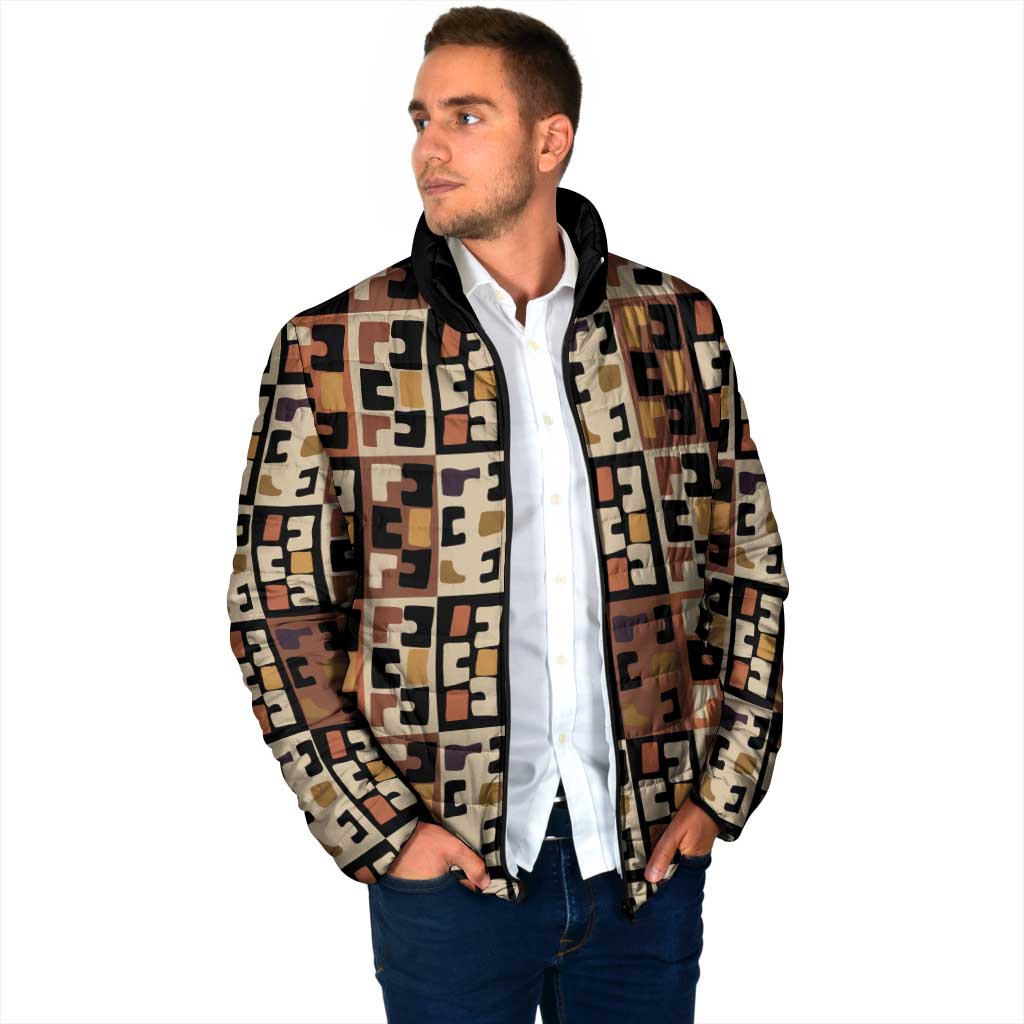 Kuba Flow Padded Jacket with Geometric Tribal Blocks and Earth-Tone Mosaic Design - Wonder Print Shop
