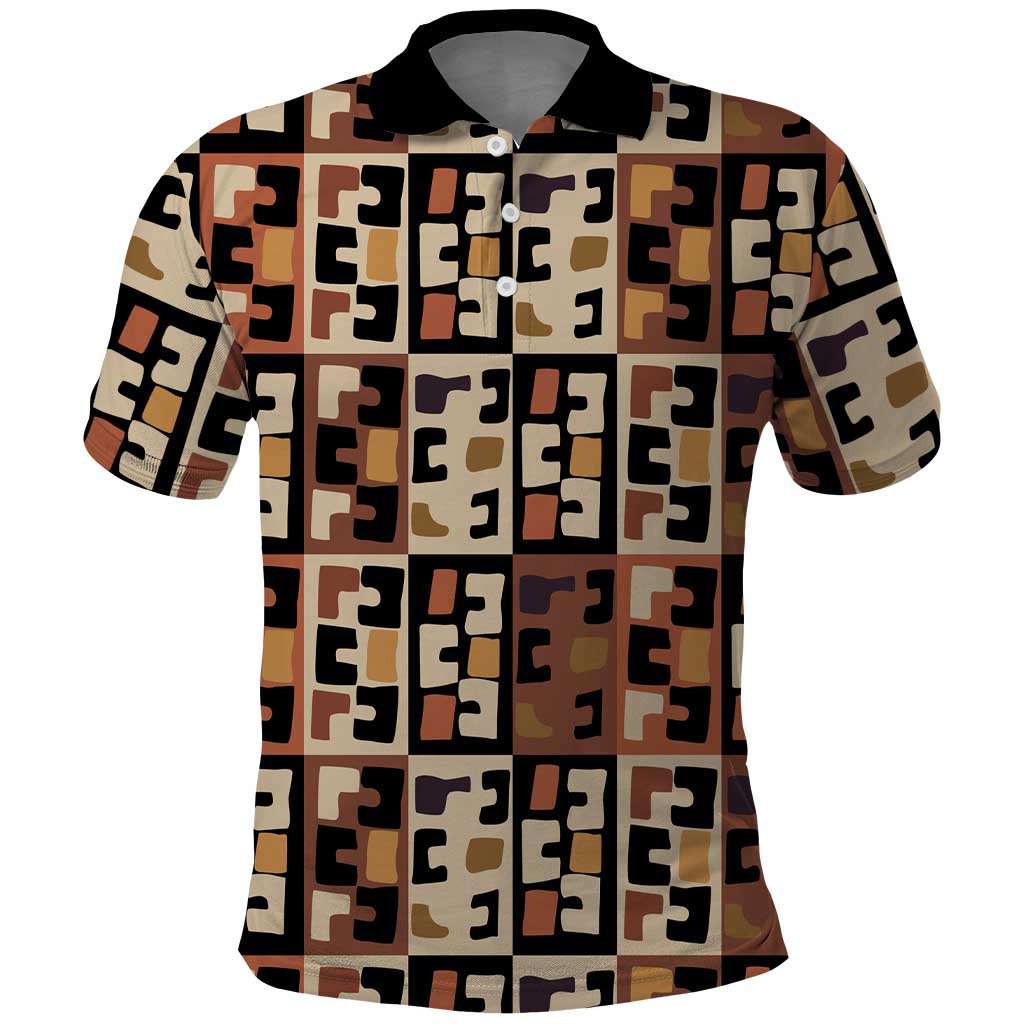 Kuba Flow Polo Shirt with Geometric Tribal Blocks and Earth-Tone Mosaic Design - Wonder Print Shop