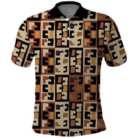 Kuba Flow Polo Shirt with Geometric Tribal Blocks and Earth-Tone Mosaic Design - Wonder Print Shop