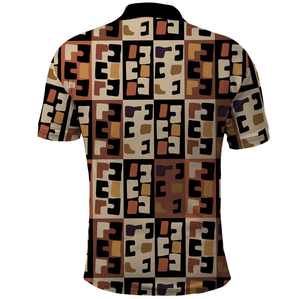 Kuba Flow Polo Shirt with Geometric Tribal Blocks and Earth-Tone Mosaic Design - Wonder Print Shop