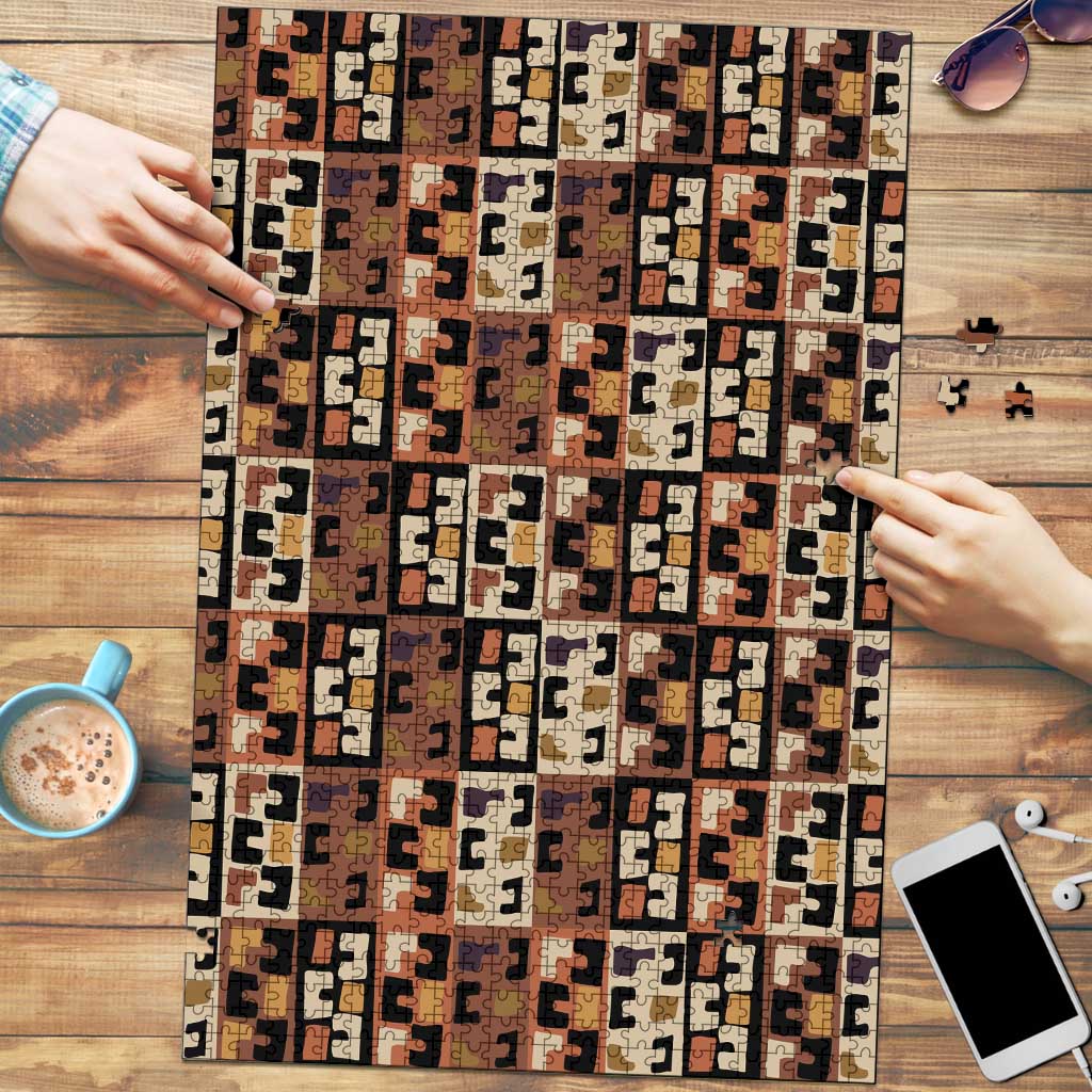 Kuba Flow Puzzle with Geometric Tribal Blocks and Earth-Tone Mosaic Design - Wonder Print Shop