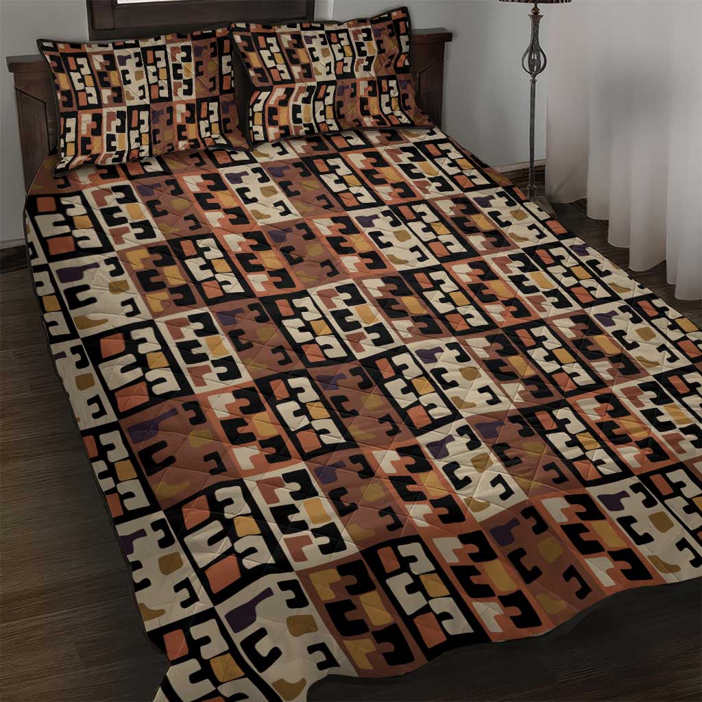Kuba Flow Quilt Bed Set with Geometric Tribal Blocks and Earth-Tone Mosaic Design - Wonder Print Shop