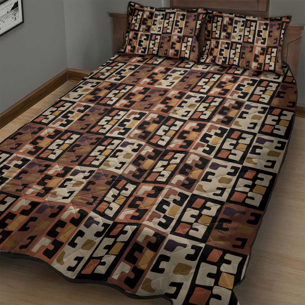 Kuba Flow Quilt Bed Set with Geometric Tribal Blocks and Earth-Tone Mosaic Design - Wonder Print Shop