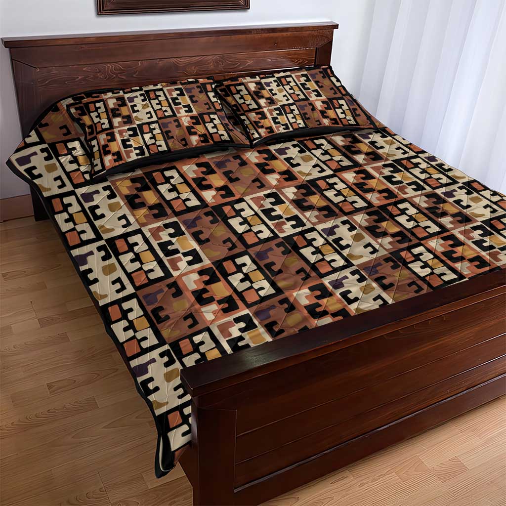 Kuba Flow Quilt Bed Set with Geometric Tribal Blocks and Earth-Tone Mosaic Design - Wonder Print Shop