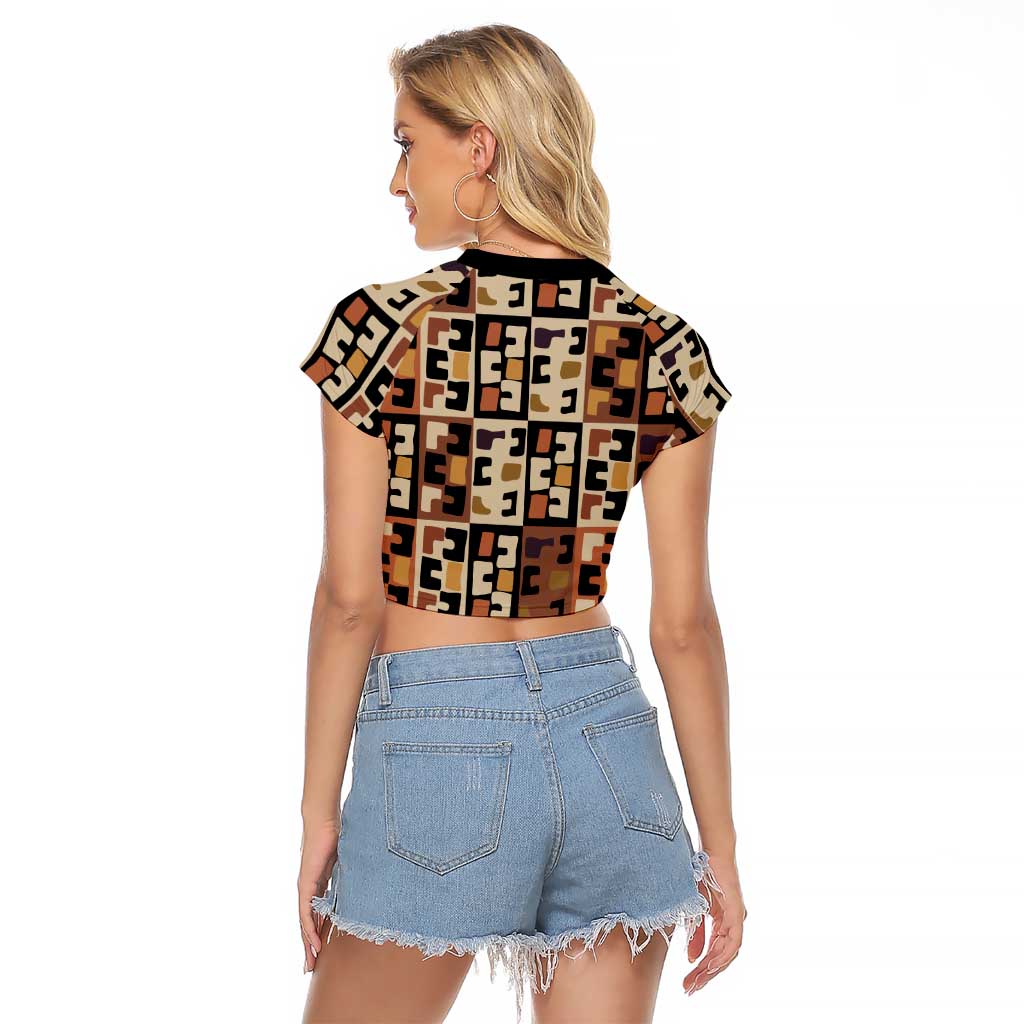 Kuba Flow Raglan Cropped T Shirt with Geometric Tribal Blocks and Earth-Tone Mosaic Design - Wonder Print Shop
