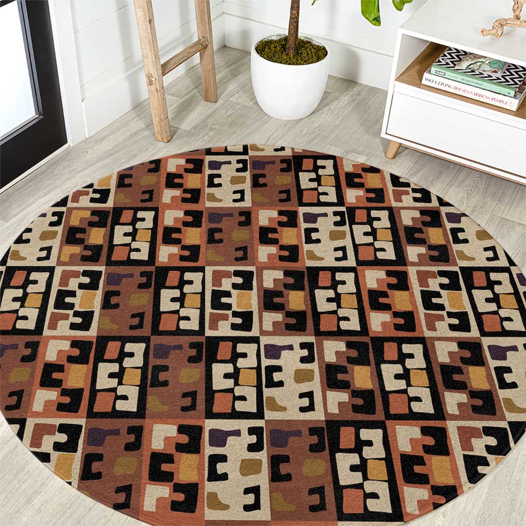 Kuba Flow Round Carpet with Geometric Tribal Blocks and Earth-Tone Mosaic Design - Wonder Print Shop