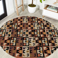 Kuba Flow Round Carpet with Geometric Tribal Blocks and Earth-Tone Mosaic Design - Wonder Print Shop