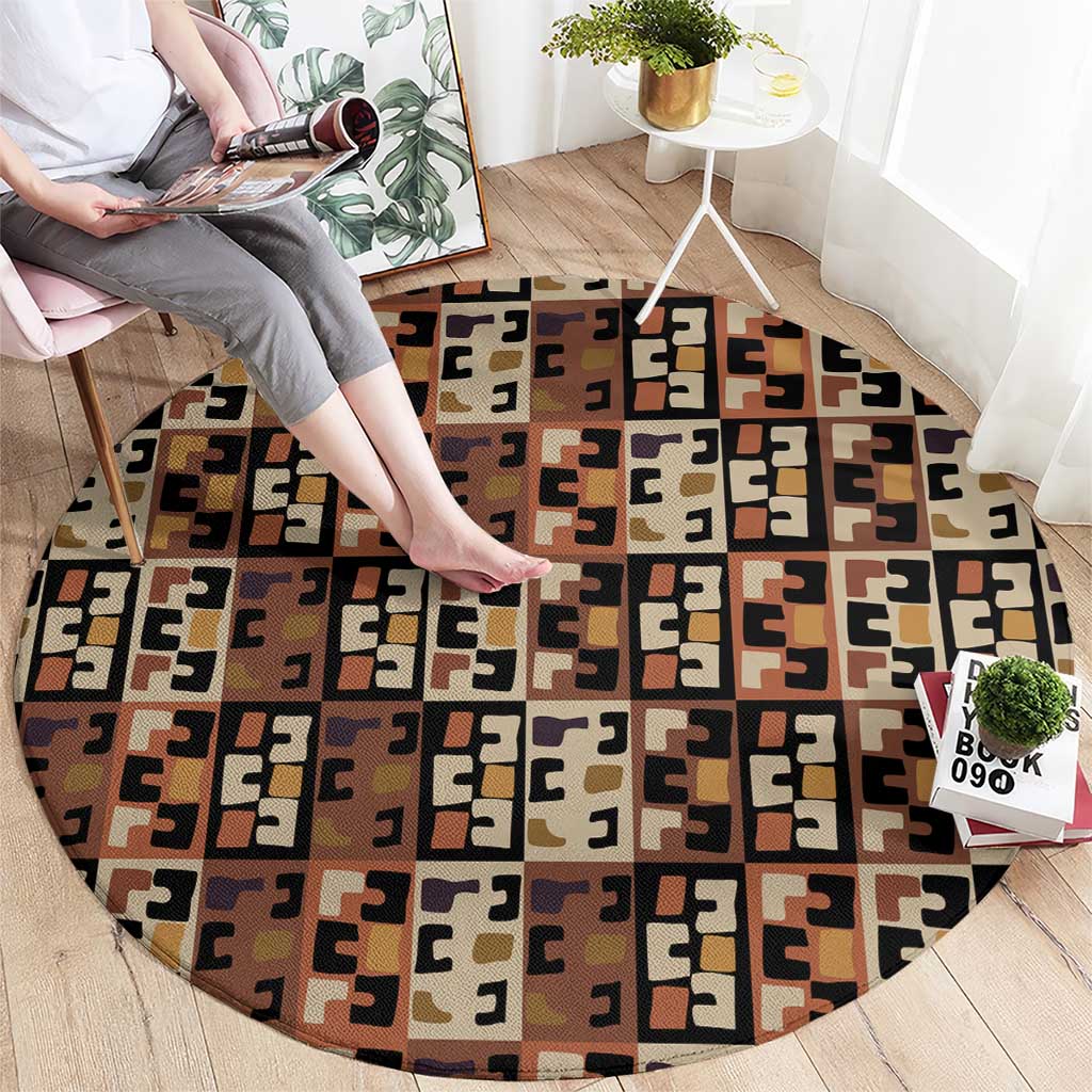 Kuba Flow Round Carpet with Geometric Tribal Blocks and Earth-Tone Mosaic Design - Wonder Print Shop