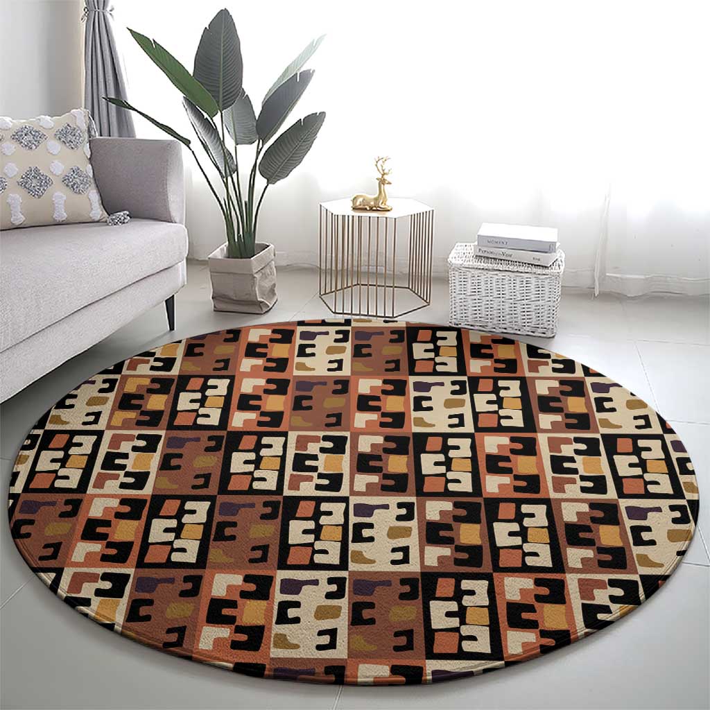 Kuba Flow Round Carpet with Geometric Tribal Blocks and Earth-Tone Mosaic Design - Wonder Print Shop