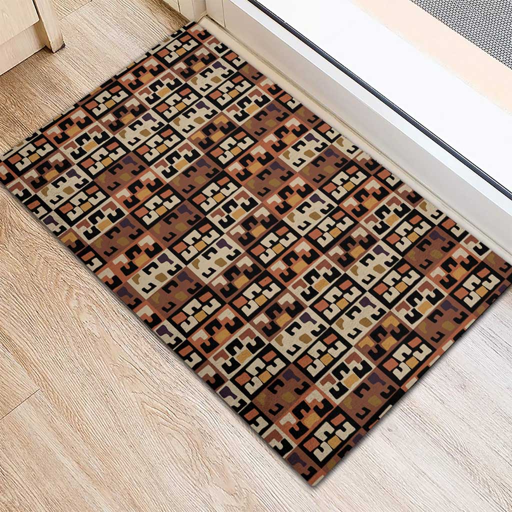 Kuba Flow Rubber Doormat with Geometric Tribal Blocks and Earth-Tone Mosaic Design - Wonder Print Shop