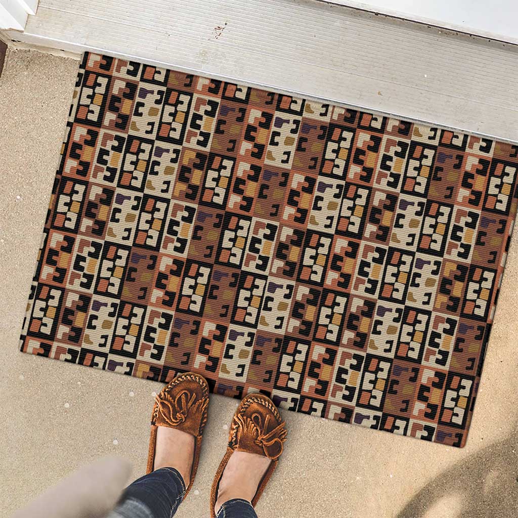 Kuba Flow Rubber Doormat with Geometric Tribal Blocks and Earth-Tone Mosaic Design - Wonder Print Shop