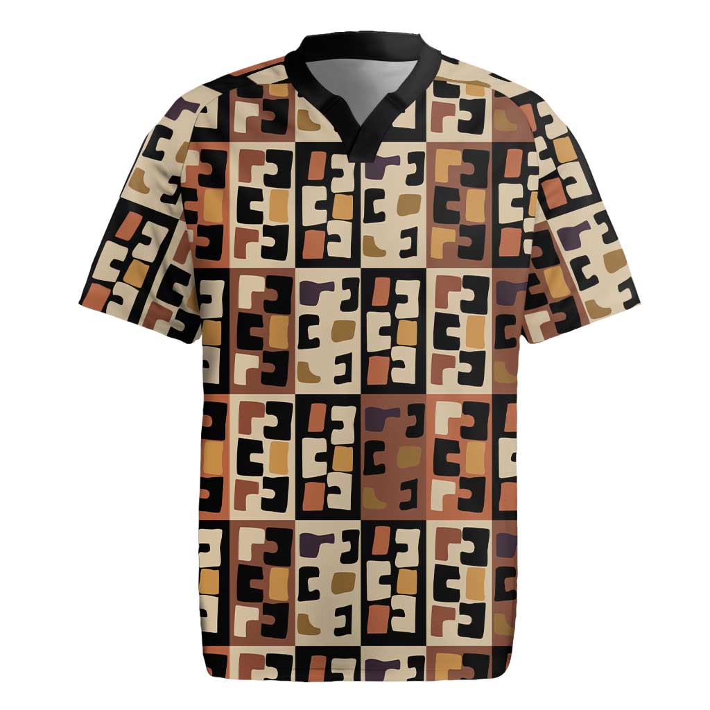 Kuba Flow Rugby Jersey with Geometric Tribal Blocks and Earth-Tone Mosaic Design - Wonder Print Shop