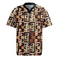 Kuba Flow Rugby Jersey with Geometric Tribal Blocks and Earth-Tone Mosaic Design - Wonder Print Shop